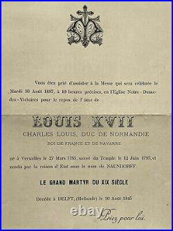 LOUIS XVII Charles Duc Normandie Roi France FAIRE PART Naundorff DELFT 1845