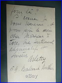 Lettre Autographe Avec Signature Arletty Cinema Theatre Piece Melo Claridge 1929