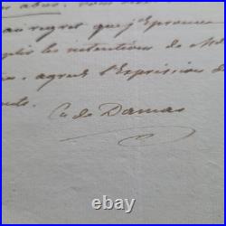 Lettre autographe signée Duc de Damas-Crux (1754-1846) Lieutenant général du Roi