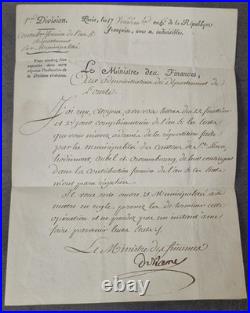 Lettre originale RAMEL Ministre des Finances An VI Document rare