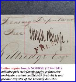 Lettre signée Joseph NOURSE (1754-1841) Ministre ayant travaillé avec WASHINGTON