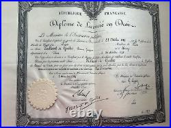 Lot de 8 DIPLOMES de LICENCIE EN DROIT de 1900 à 1906 sur papier parcheminé