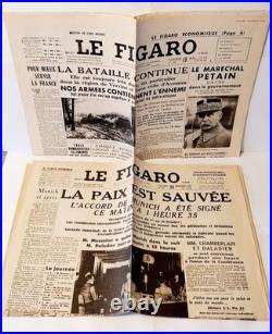 Lot de 9 pages de journaux recto verso de 1938-1939, guerre, le soir, le figaro