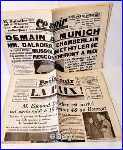 Lot de 9 pages de journaux recto verso de 1938-1939, guerre, le soir, le figaro