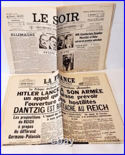 Lot de 9 pages de journaux recto verso de 1938-1939, guerre, le soir, le figaro
