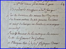 Manuscrit XVIIe Uniforme Archer Galères Armes du Roi Louis XIV Broderie