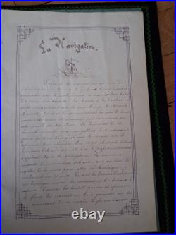 OBJET UNIQUE cahier de concours manuscrit souvenir 1892 dessins reliure brodée