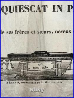 PIERRE REBILLARD Rennes PLACARD MORTUAIRE Faire Parte ROSALIE DE GOIS 1835