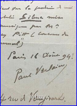 Paul VERLAINE Billet autographe signé à Léon Vanier