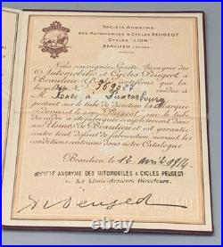 Rar CYCLES PEUGEOT Certificat de garantie Bicyclette LION Année 1914 LUXEMBOURG