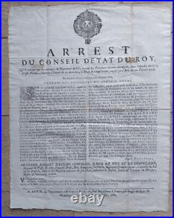 Rare Affiche Arrest Du Conseil D'état De Roy 1762 Papier Velin