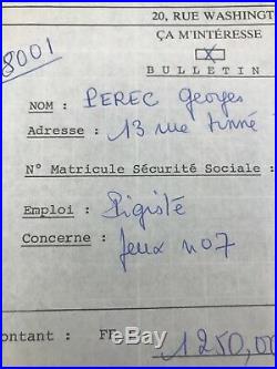 Rare Document Original De Lécrivain Georges PEREC, Insolite, Feuille Paie, Papiers