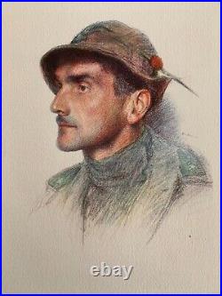 Rare Ww 1 Pastel Eugene Burnand Sous Officier Alpin Italie 1922