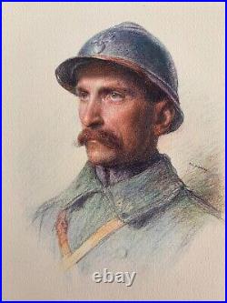 Rare Ww 1 Pastel Eugene Burnand Un Lieutenant D'infanterie France 1922
