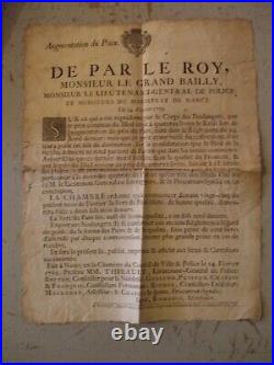 Rare placard affiche 1759 augmentation du prix du pain boulangers Nancy