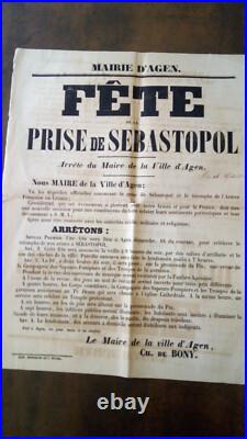 Rarissime affiche Agen prise de Sébastopol (guerre de Crimée) en 1855
