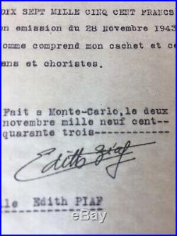 Rarissime lettre reçu signé Edith Piaf autographe signed Monte Carlo 1943 Rare