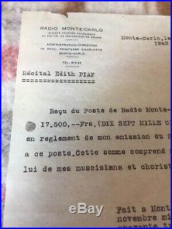 Rarissime lettre reçu signé Edith Piaf autographe signed Monte Carlo 1943 Rare