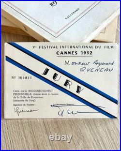 Raymond QUENEAU Carte de membre autographe FESTIVAL DE CANNES 1952