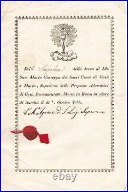 Religiosa Certificat Rome 1844 Relique Servante De Dieu Etoffe De Scapulaire