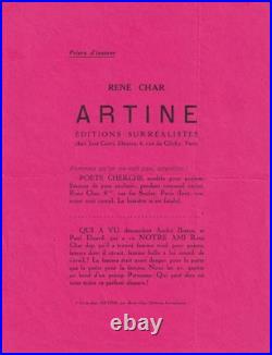 René CHAR lettre autographe signée sur le fameux prospectus surréaliste d'Artine