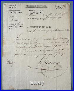 SUP ARMEE D'ITALIE / 1797 / Lettre de CANONNE Garde Magasin des Vivres VICENCE